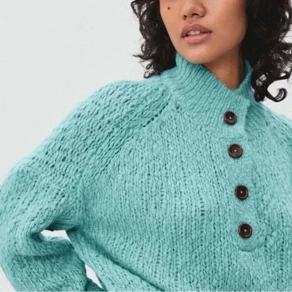 Everlane Turquoise Merino Wool Alpaca Cropped Sweater Henley